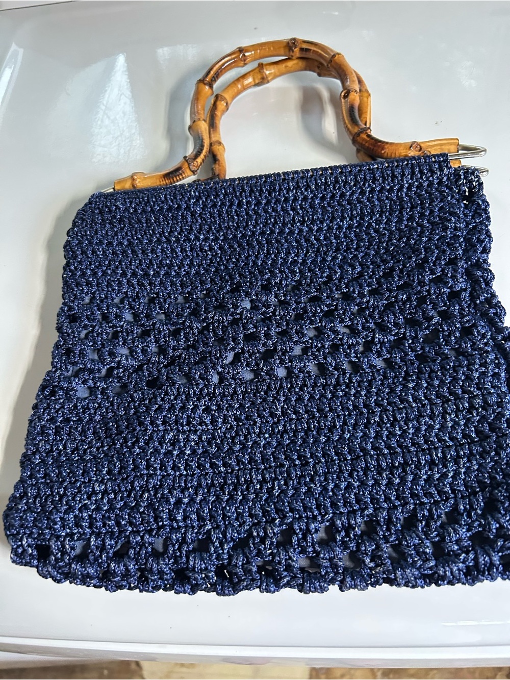 Vintage Y2K Navy Crochet Handbag Bamboo Handle Handmade Boho Purse